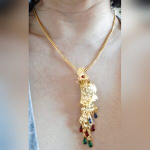 Vintage 80s Jewelled Golden Bird Necklace/Brooch